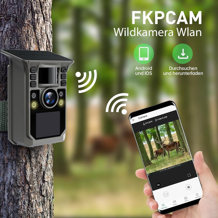 Wildkamera mit Handyübertragung APP, Solar WLAN 4K HD Video 64MP Eingebaute 7500mAh Wiederaufladbare