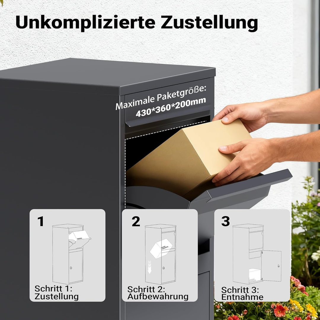Wiltec Paketkasten grau 410 x 380 x 1020 mm, Paketbox Zuhause, Private Paketannahme passend für Pake