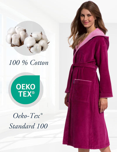 Morgenstern Bademantel Damen 100% Baumwolle mit Kapuze Frottee-Velours OEKO-TEX Leonie XS Fuchsia, X