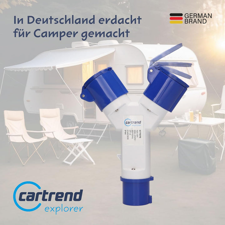 cartrend Explorer CEE Mehrfachverteiler mit 1 CEE-Stecker & 2 CEE-Kupplungen mit Klappdeckel, geeign