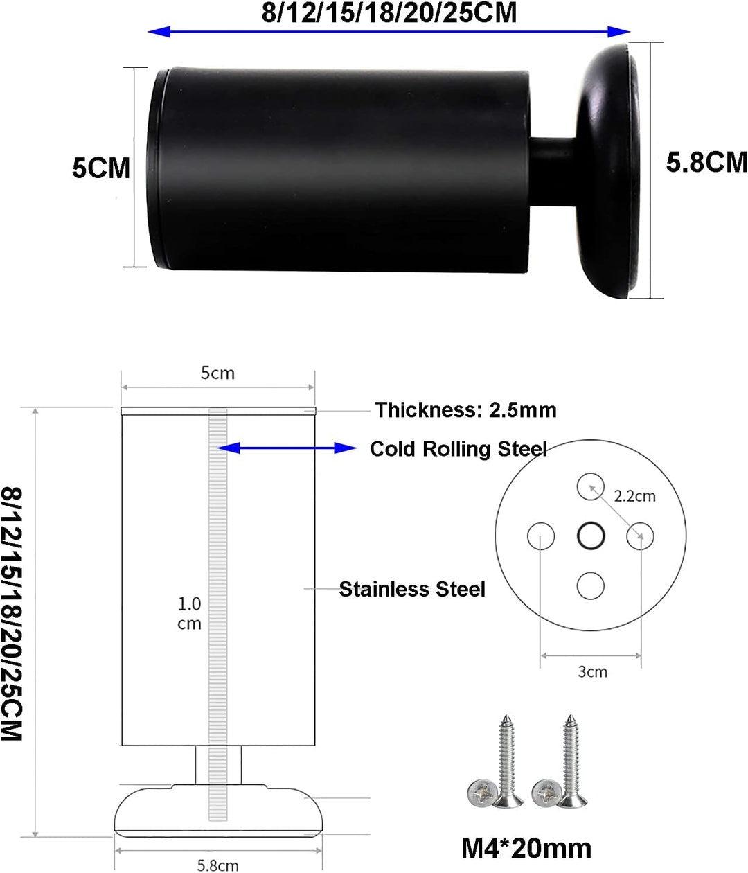 Qrity 4 Stück 20cm Möbelfüsse Edelstahl Schrankfüsse Möbelfüsse Verdicken für Sofa, Tisch, Schränke,
