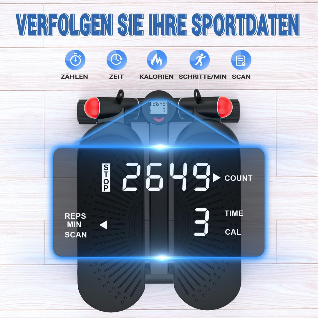 Mini Stepper für Zuhause mit Power Ropes, Höhenverstellbar Up-Down Swing Stepper mit LCD-Monitor, Ho