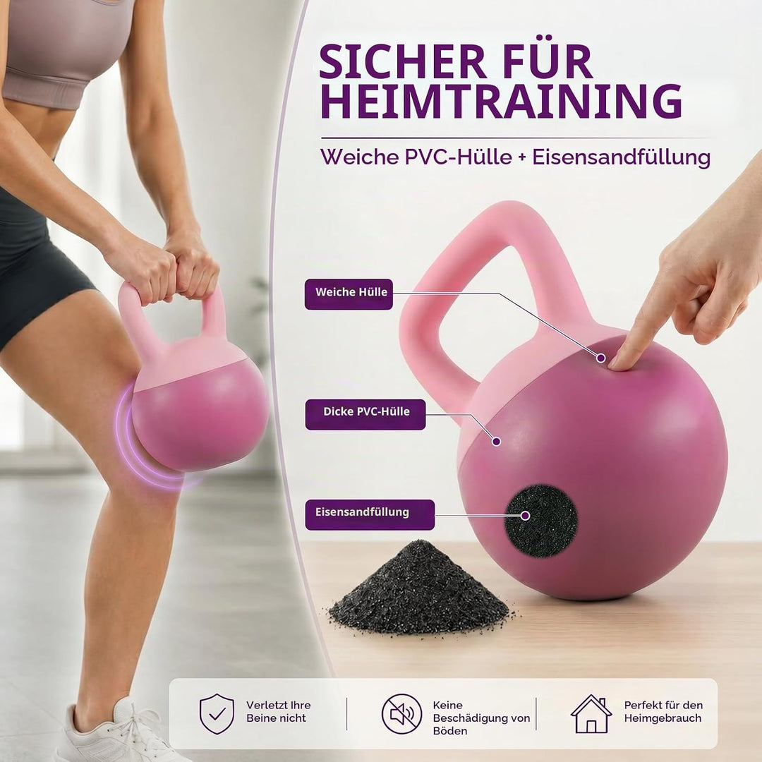 Soft Kettlebell 4-12kg - Bodenschonend und Leise, Eisensand-Kugelhantel mit ergonomischem Griff für