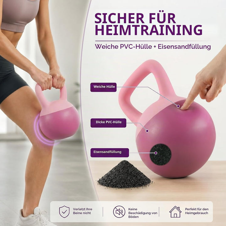 Soft Kettlebell 4-12kg - Bodenschonend und Leise, Eisensand-Kugelhantel mit ergonomischem Griff für