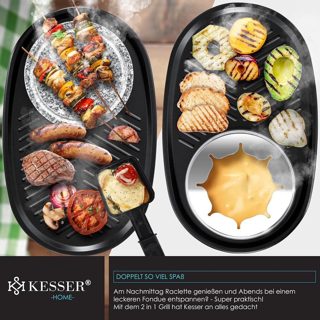 KESSER® 3in1 Raclette-Grill mit Naturgrillstein, Grillplatte und Fondue, Tischgrill für 8 Personen,
