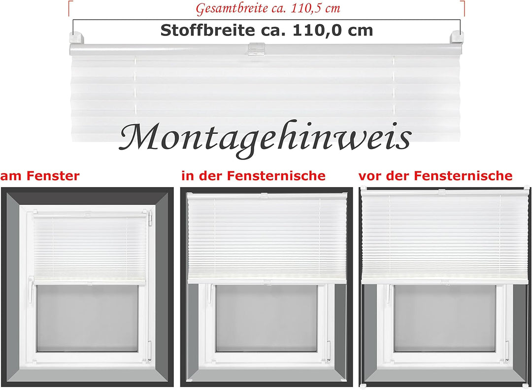 Plissee - vormontiert und mit Klemmfixierung am Fensterahmen - kinderleichte 3-Step Montage, ca. 110