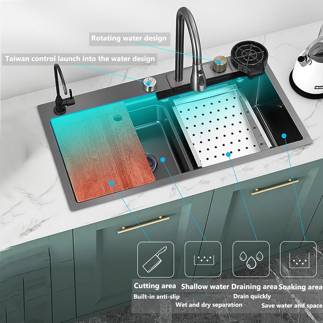 Spülbecken Küchenspüle Waschbecken Küche Edelstahl, Waterfall Spüle Küche Schwarz Mit Cup Washer, Ei