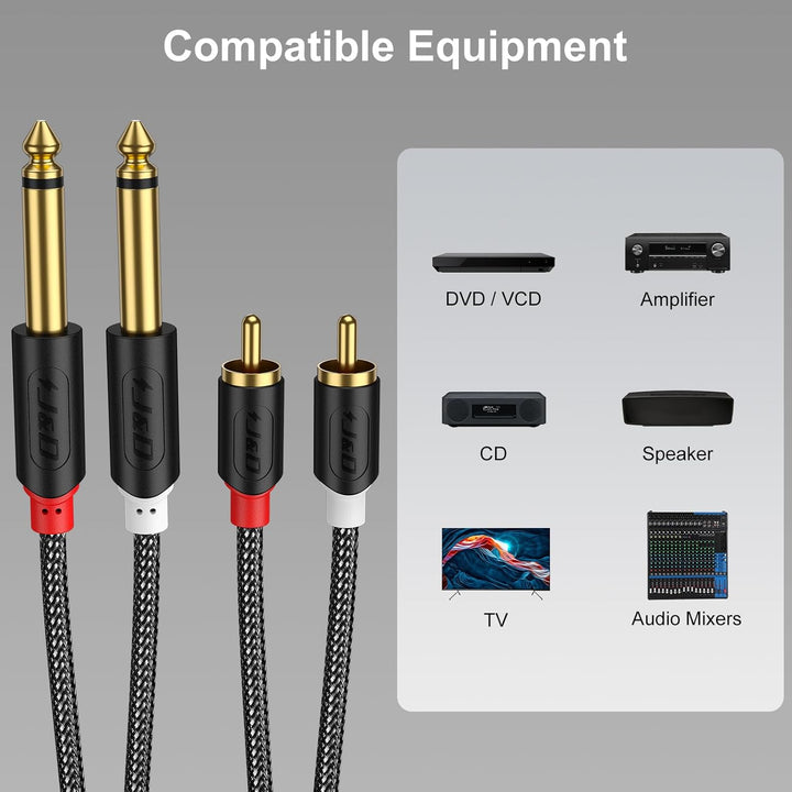 J&D 2x 6,35 mm zu 2RCA Kabel, Gold-Plated [AudioWave-Serie] 2 x 6,35mm 1/4" Männlich TS zu 2 RCA Män