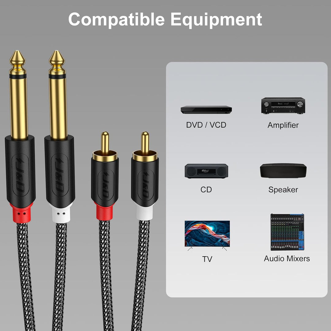 J&D 2x 6,35 mm zu 2RCA Kabel, Gold-Plated [AudioWave-Serie] 2 x 6,35mm 1/4" Männlich TS zu 2 RCA Män