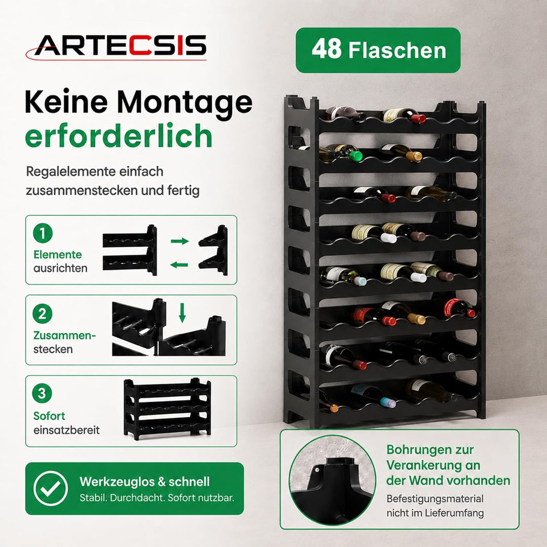 ARTECSIS Weinregal stapelbar Kunststoff für 48 Flaschen, stabiles Flaschenregal in Gastronomie-Quali