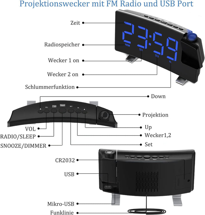 VORRINC Projektionswecker, Digital Wecker Radiowecker mit Projektion 180 °, USB-Anschluss Doppelalar