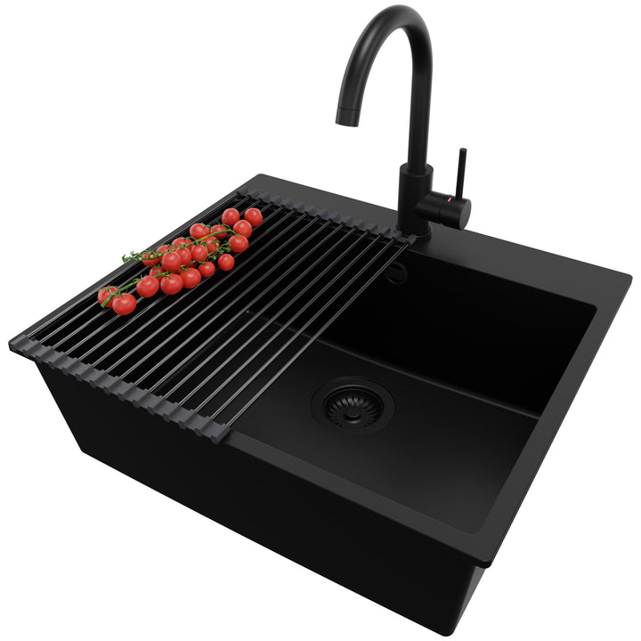 PRIMAGRAN Granitspüle Alles Schwarz 58x50cm, Spülbecken 1 Becken + Ablauf-Set + Küchenarmatur 32x20c