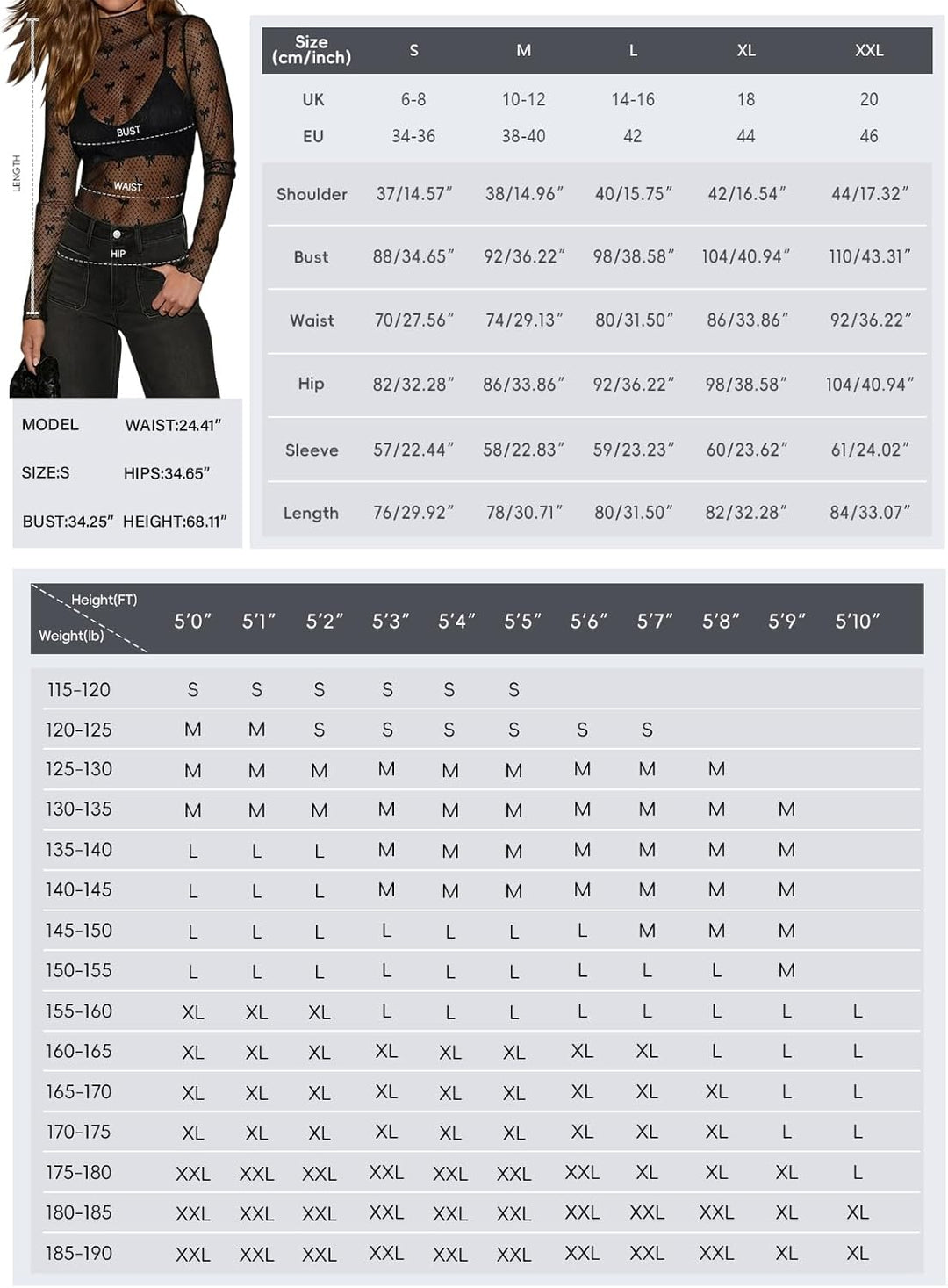 MAYFASEY Damen Sexy Body Langarm Hemden Transparentes Mesh Durchsichtiger Bodys Shirt Tops B-Schwarz