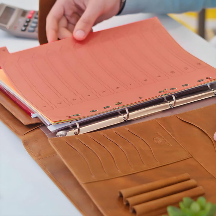 ALMADIH Leder A4 Konferenzmappe mit herausnehmbarem Ringbuch Schreibblock Premium Rindsleder Braun V