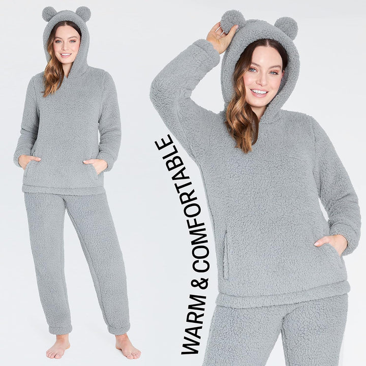 CityComfort Schlafanzug Damen Warm Fleece Pyjama Damen Hausanzug Kuschelig S Grau, S Grau