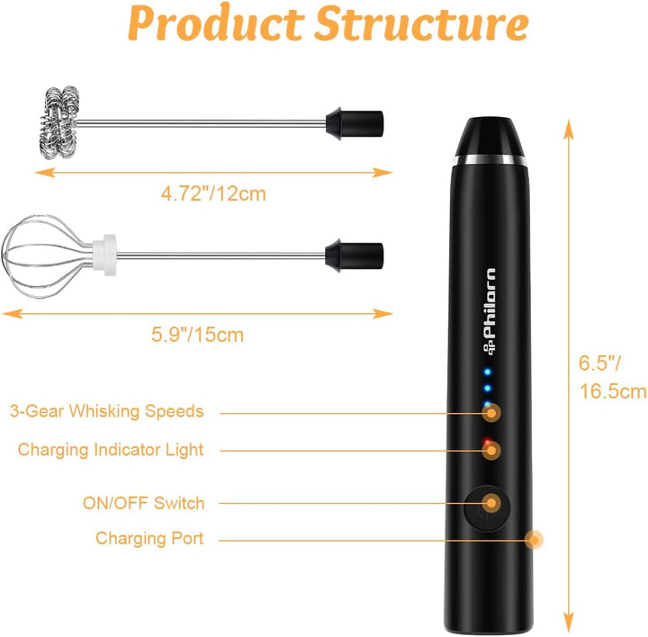 Philorn Milchaufschäumer Stab, Milchaufschäumer Elektrisch Stab Hand Held, 3-Gang USB-C Aufladbar Au