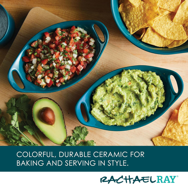 Rachael Ray Solid Glaze Ceramics Au Gratin Bakeware/Baker Set, Oval - 2 Piece, Teal 2 Piece Blaugrün