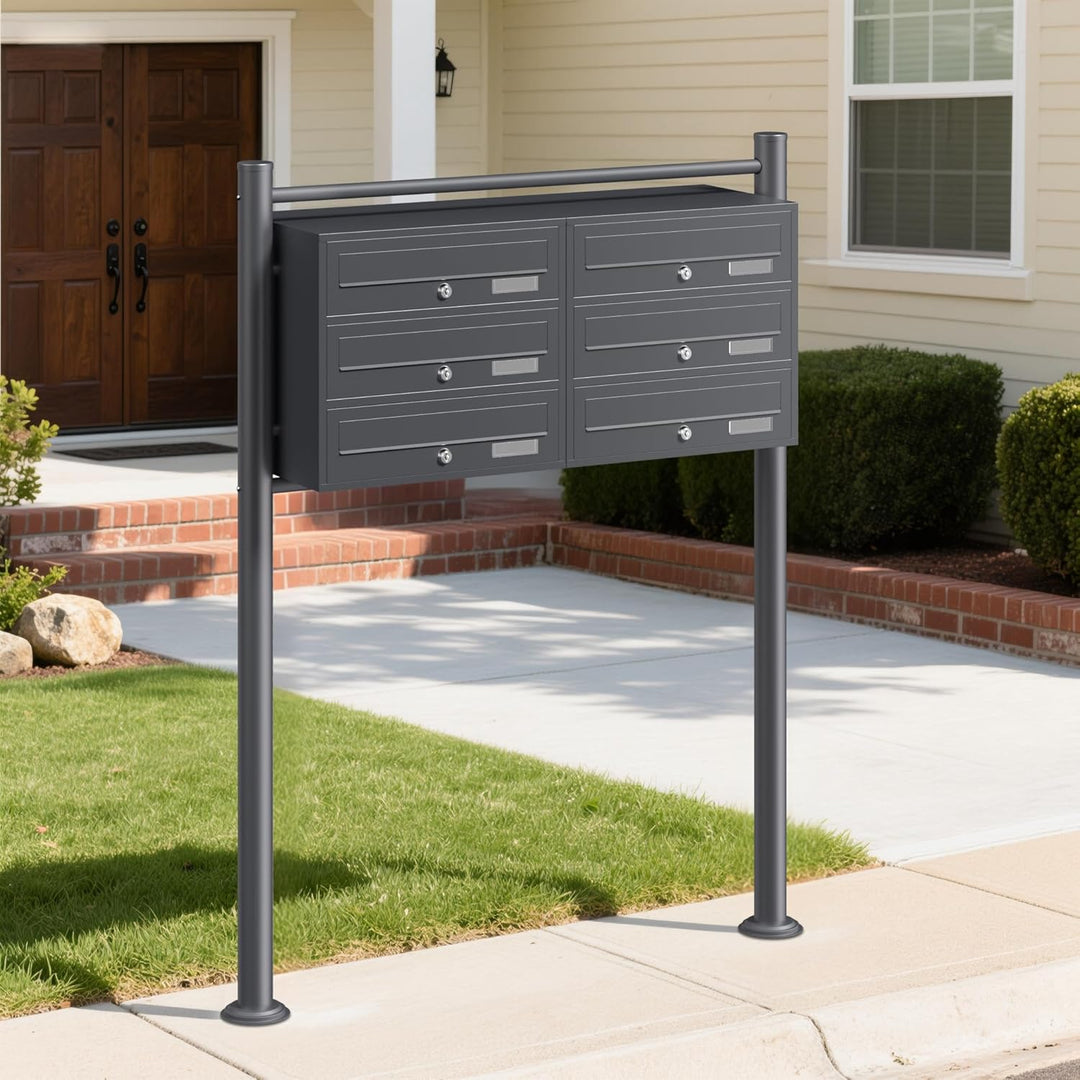 Wiltec 6er Briefkastenanlage Anthrazit 898 x 270 x 1150 mm, Standbriefkasten mit 2x3 Fächern, Schlüs
