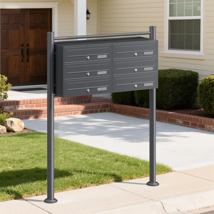 Wiltec 6er Briefkastenanlage Anthrazit 898 x 270 x 1150 mm, Standbriefkasten mit 2x3 Fächern, Schlüs