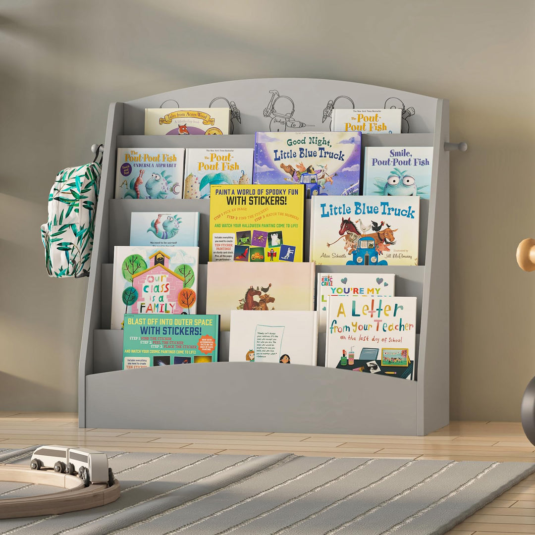 KEEPREAPER Kinder Bücherregal mit 5 offenen Fächern und Haken, Kinderregal Holz, Montessori Aufbewah