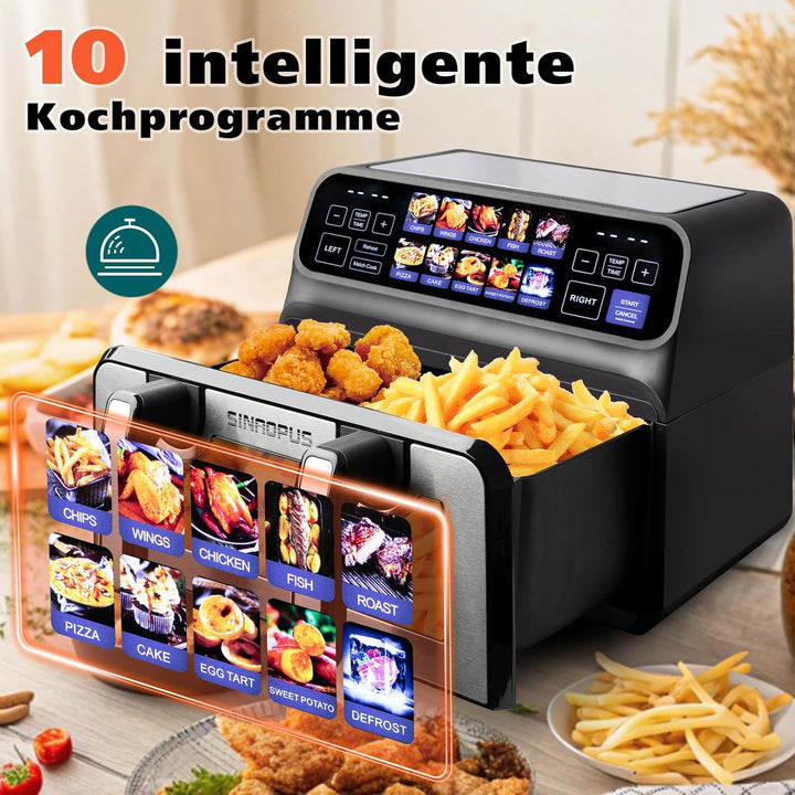 Dual Zone 9L-802TS Heissluftfritteuse, XXL Doppelkammer 2200W Heissluftfritteuse mit Trennwand, LED