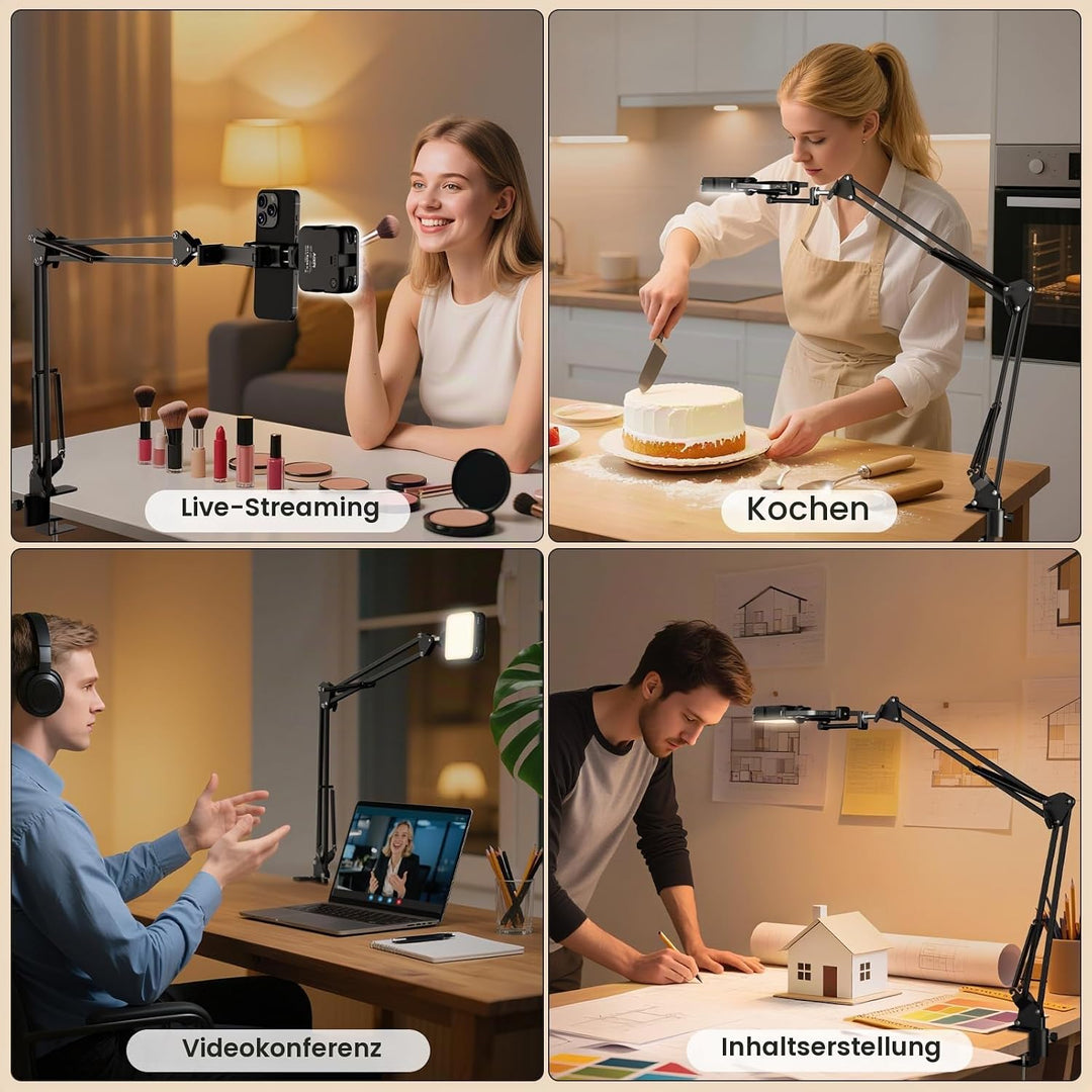 Overhead Stativ Handy mit Licht,Winkel einstellbar Handy Stativ mit Licht 3 Lichtfarben Einstellbare