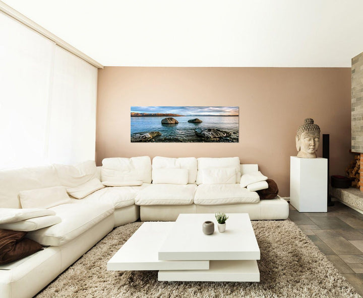 Paul Sinus Art Panoramabild auf Leinwand und Keilrahmen 120x40cm Neuseeland Wasser Felsen Wolkenhimm