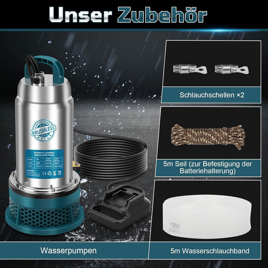 Tauchpumpe kompatibel mit Makita 18V Akku (keine Batterie)– 5000L/H Kabellose Wasserpumpe mit 10m Sc