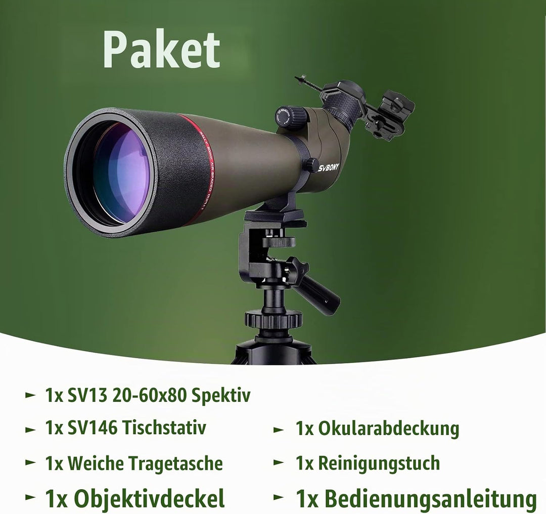 Svbony SV13 Spektiv 20-60x80, Tischstativ, Smartphone Adapter, HD Wasserdicht Porro Prisma Abgewinke