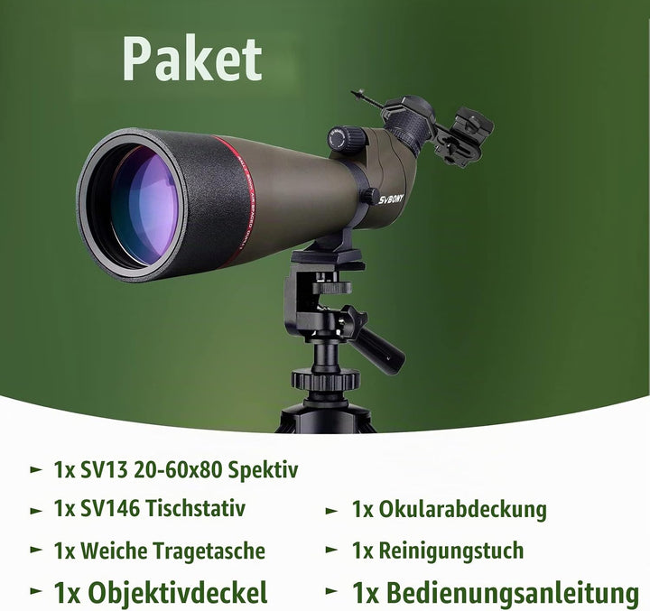 Svbony SV13 Spektiv 20-60x80, Tischstativ, Smartphone Adapter, HD Wasserdicht Porro Prisma Abgewinke