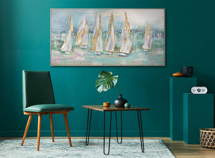 YS-Art Abstrakt Acryl Gemälde auf Leinwand handgemalt Segelboote Wandbilder Wohnzimmer Moderne Blaue
