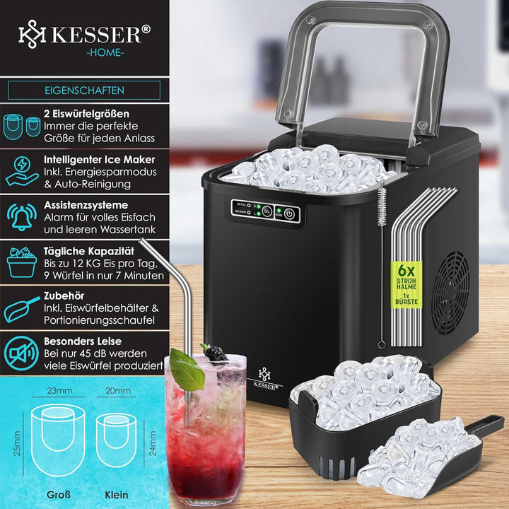 KESSER® Eiswürfelbereiter | Eiswürfelmaschine Edelstahl | Ice Maker | 12 kg 24 h | Zubereitung in 7
