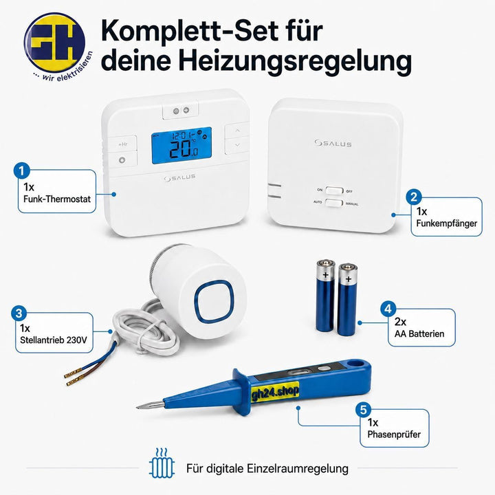 SmartHome Heizung Einzelraumregelung Digitaler Funk Raumthermostat mit Empfänger und 1 Stück Stellan
