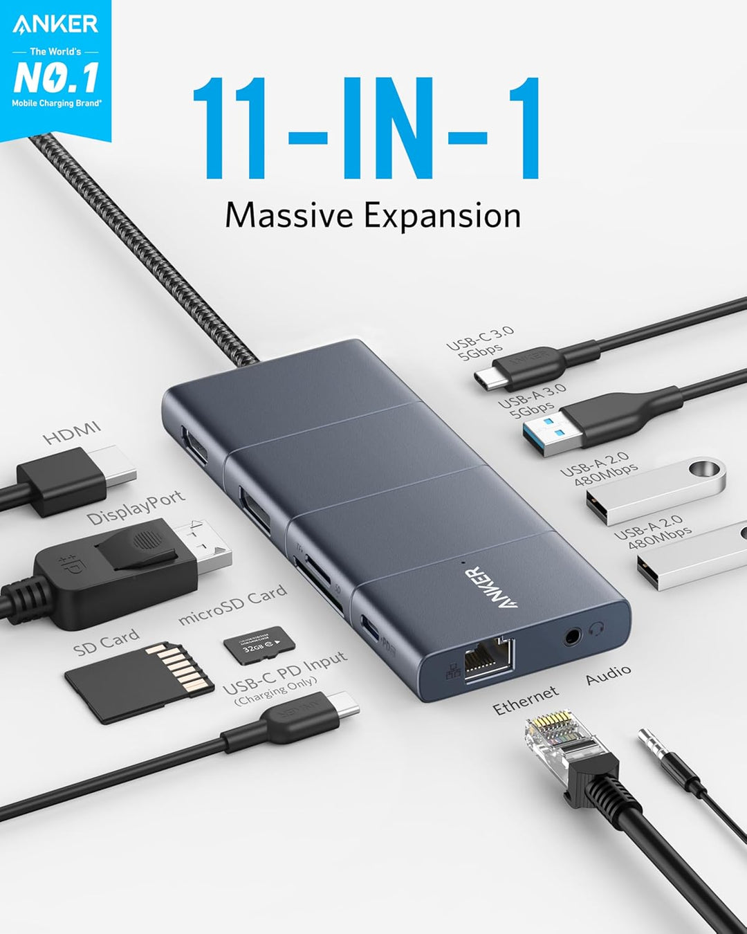 Anker PowerExpand+ 11-in-1 Adapter Hub, mit 4K@60Hz HDMI und DP, 100W Power Delivery, USB-C und 3 US