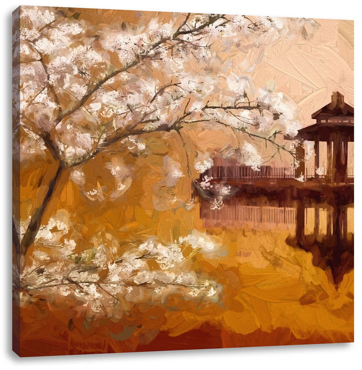Pixxprint Kirschbaum an See als Leinwandbild/Grösse: 70x70 cm/Wandbild/Kunstdruck/fertig bespannt, 7