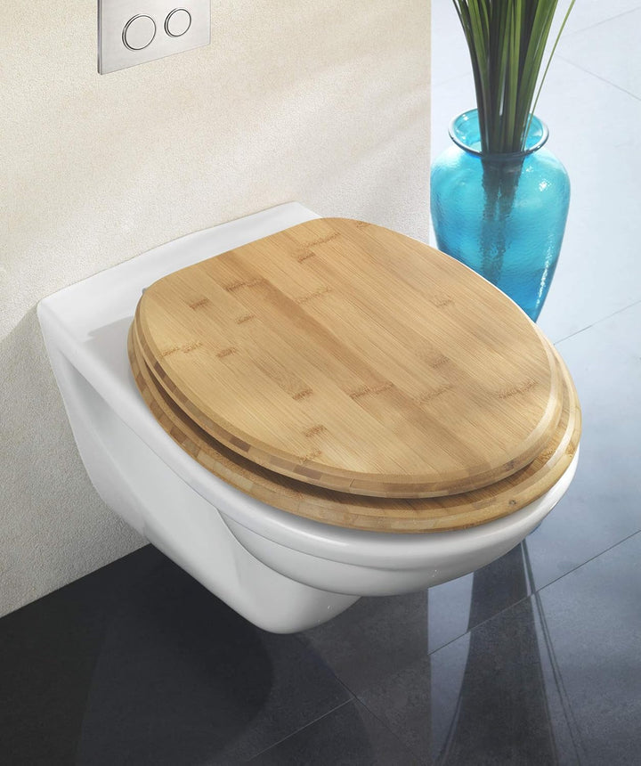 WENKO WC-Sitz Bambus, Toilettensitz aus echtem Bambus, WC-Deckel mit rostfreien Edelstahl-Scharniere