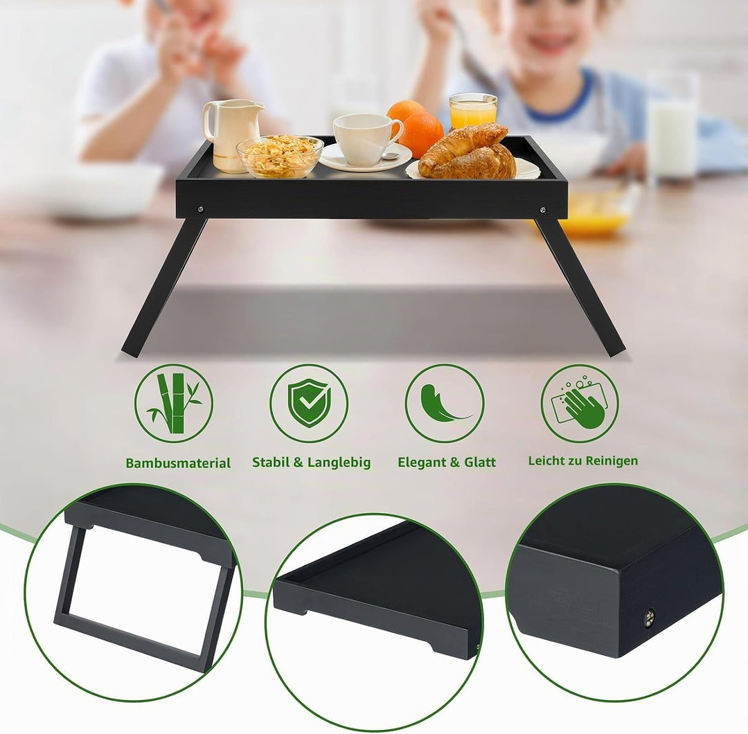 Bambus-Bettlade mit klappbaren Beinen, Frühstückslade (schwarz) | Laptop-Schreibtisch mit Klappbeine