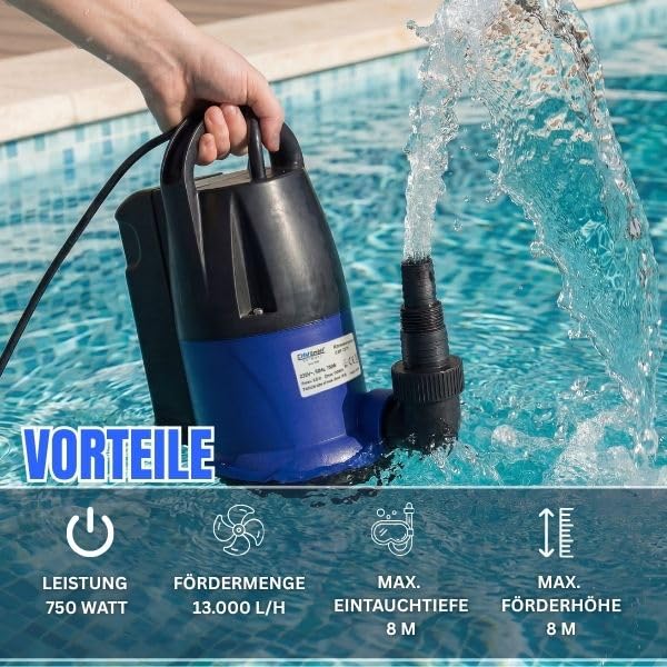 CHM GmbH® Tauchpumpe 750W Flachsaugpumpe integrierter Schwimmer. Poolpumpe