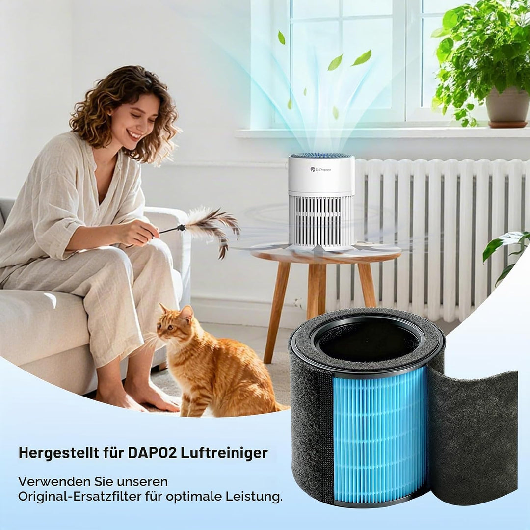 DR.PREPARE DAP02 Ersatzfilter 3-Stufen HEPA Filter mit Waschbarem Vorfilter und Aktivkohlefilter, Ge