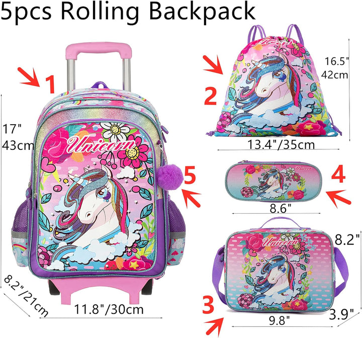 HTgroce Unicorn Schultaschen für Mädchen mitstofftasche mäppchen etc-Kleinkind Kinderrucksack mit Rä