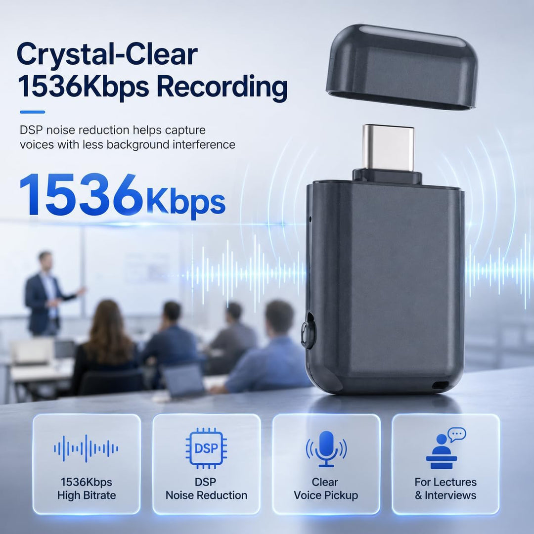64GB Mini Diktiergerät | DSP Rauschunterdrückung, USB C OTG Wiedergabe, Ein Tasten Aufnahme, Spracha