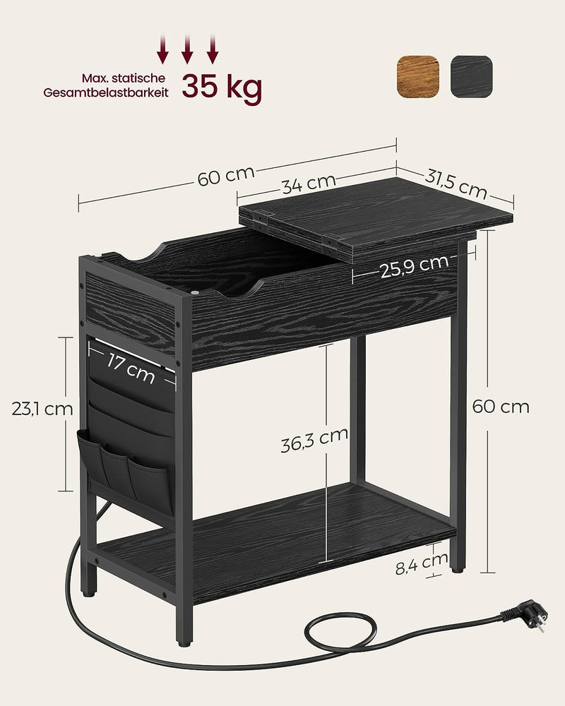 VASAGLE Beistelltisch, Nachttisch mit Steckdose, schmal, mit USB-Anschlüssen, Tasche, für Wohnzimmer