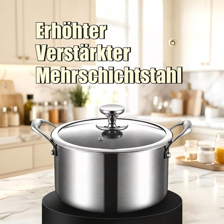 Edelstahl Suppentopf 26 cm - 4.5 Liter - Mit Glasdeckel - Induktionsgeeignet - PFAS-frei - Spülmasch