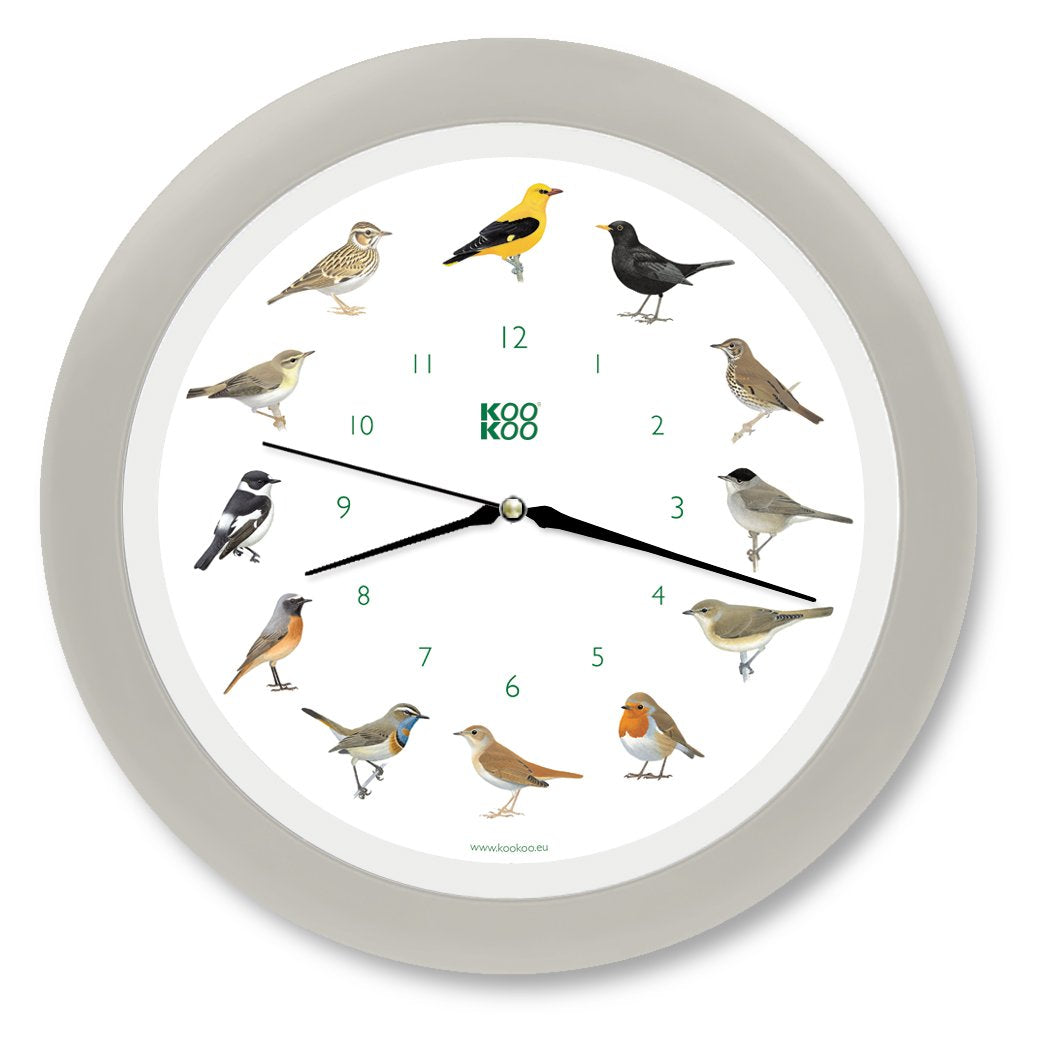 KOOKOO Singvögel Quarzwerk seiden-grau, Die Singende Vogeluhr, runde Wanduhr mit natürlichen Vogelst