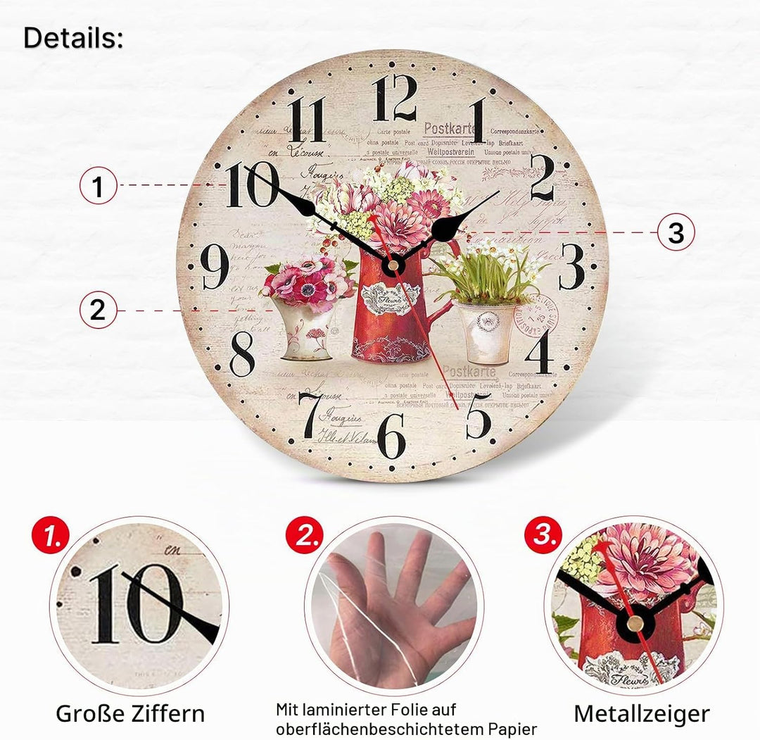 TAHEAT 30 cm Vintage Blume Wanduhr, Holz Retro Shabby Chic Uhren, Lautlos Geräuschlos Landhausstil W