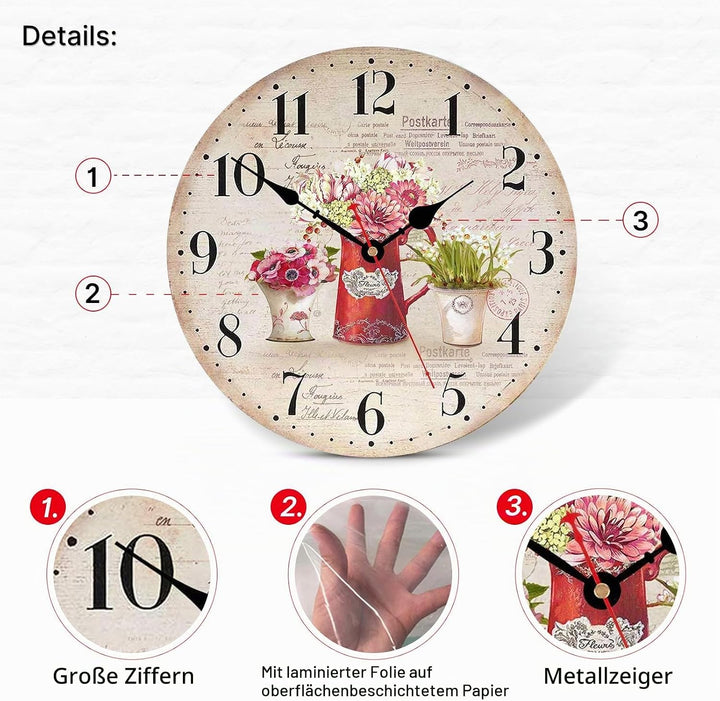 TAHEAT 30 cm Vintage Blume Wanduhr, Holz Retro Shabby Chic Uhren, Lautlos Geräuschlos Landhausstil W