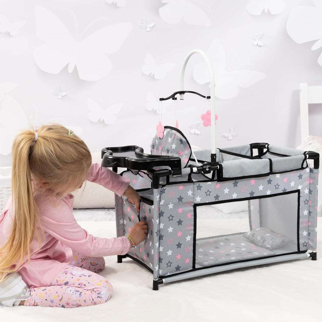Bayer Design 62607AA Puppenbett mit Schrank, Sitz, Mobile, Ablage, Bettdecke, Kissen, Puppenzubehör
