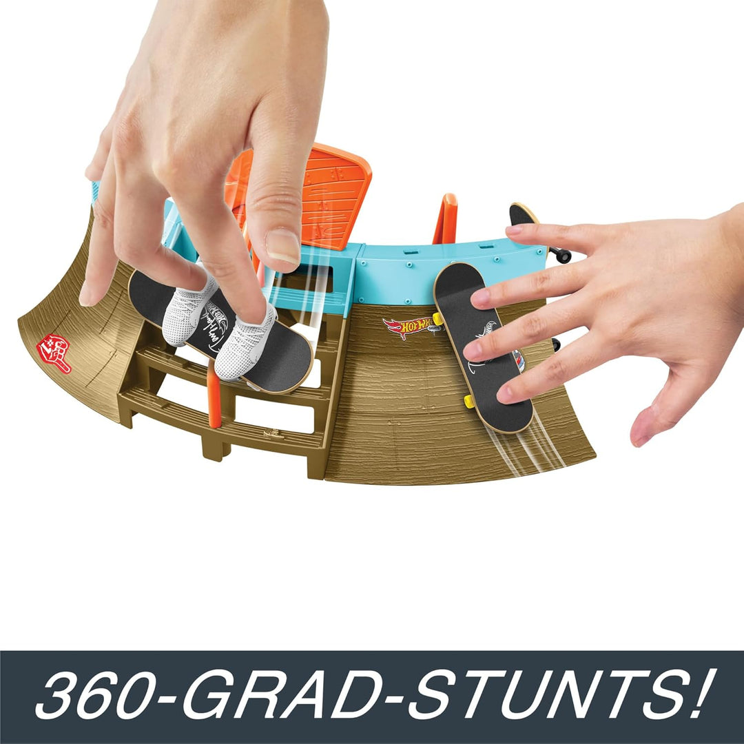 Hot Wheels Skate Stadion Skatepark - 360-Grad-Design, Tony Hawk Fingerboard, abnehmbare Skateschuhe,