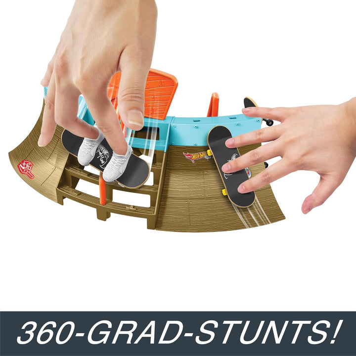 Hot Wheels Skate Stadion Skatepark - 360-Grad-Design, Tony Hawk Fingerboard, abnehmbare Skateschuhe,