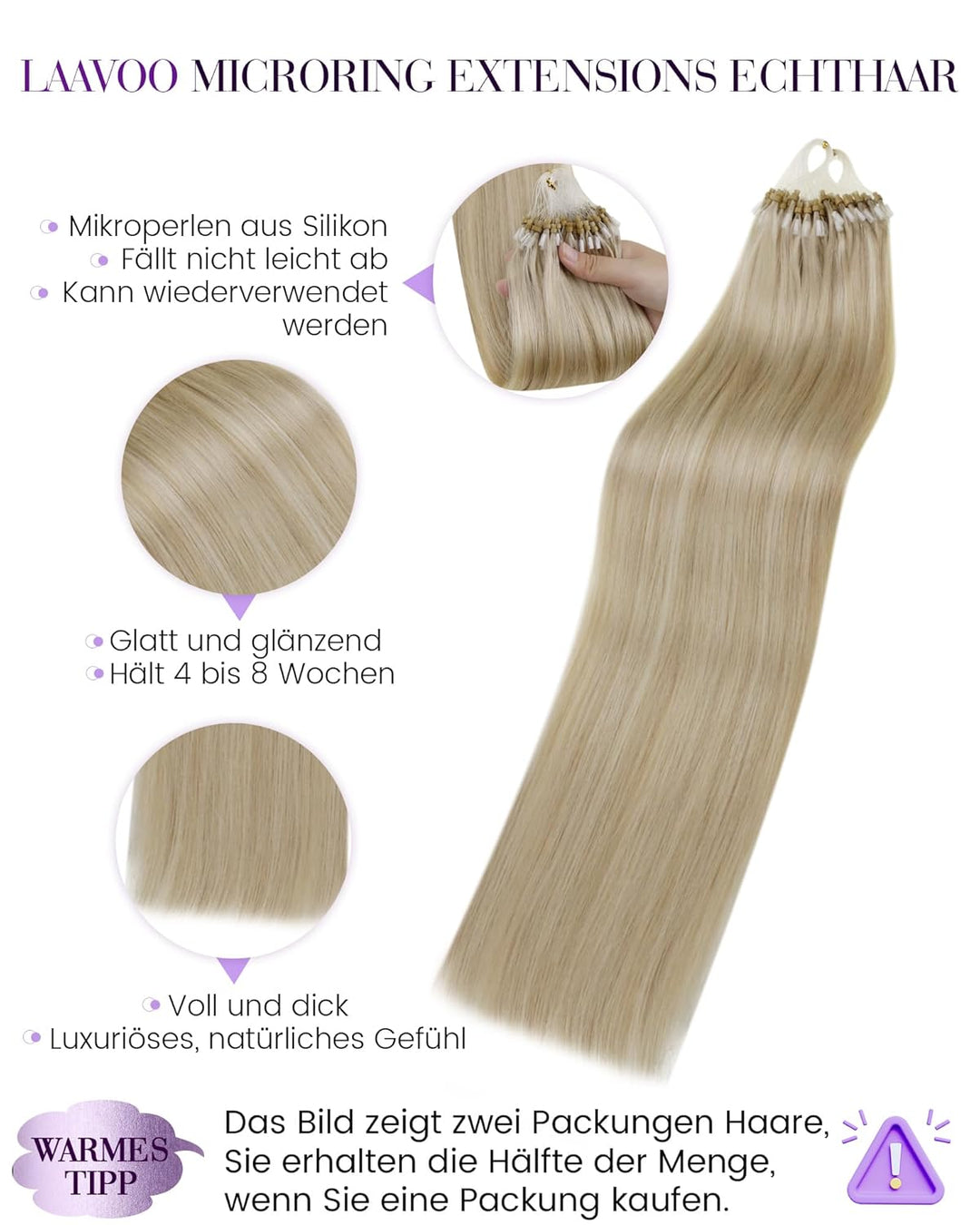 LaaVoo Microring Extensions Echthaar Blond 1g/s 50s Extensions Micro Loop Remy Menschliches Haar Gla